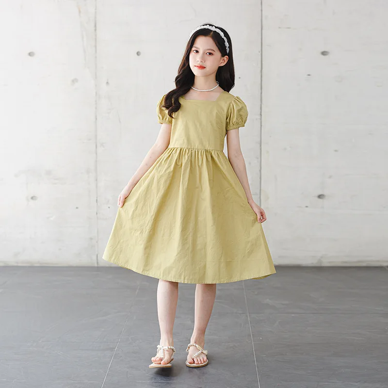 2023 Новое платье с открытой спиной для девочек, модная детская летняя одежда, однотонное платье трапециевидной формы с коротким рукавом, #7322