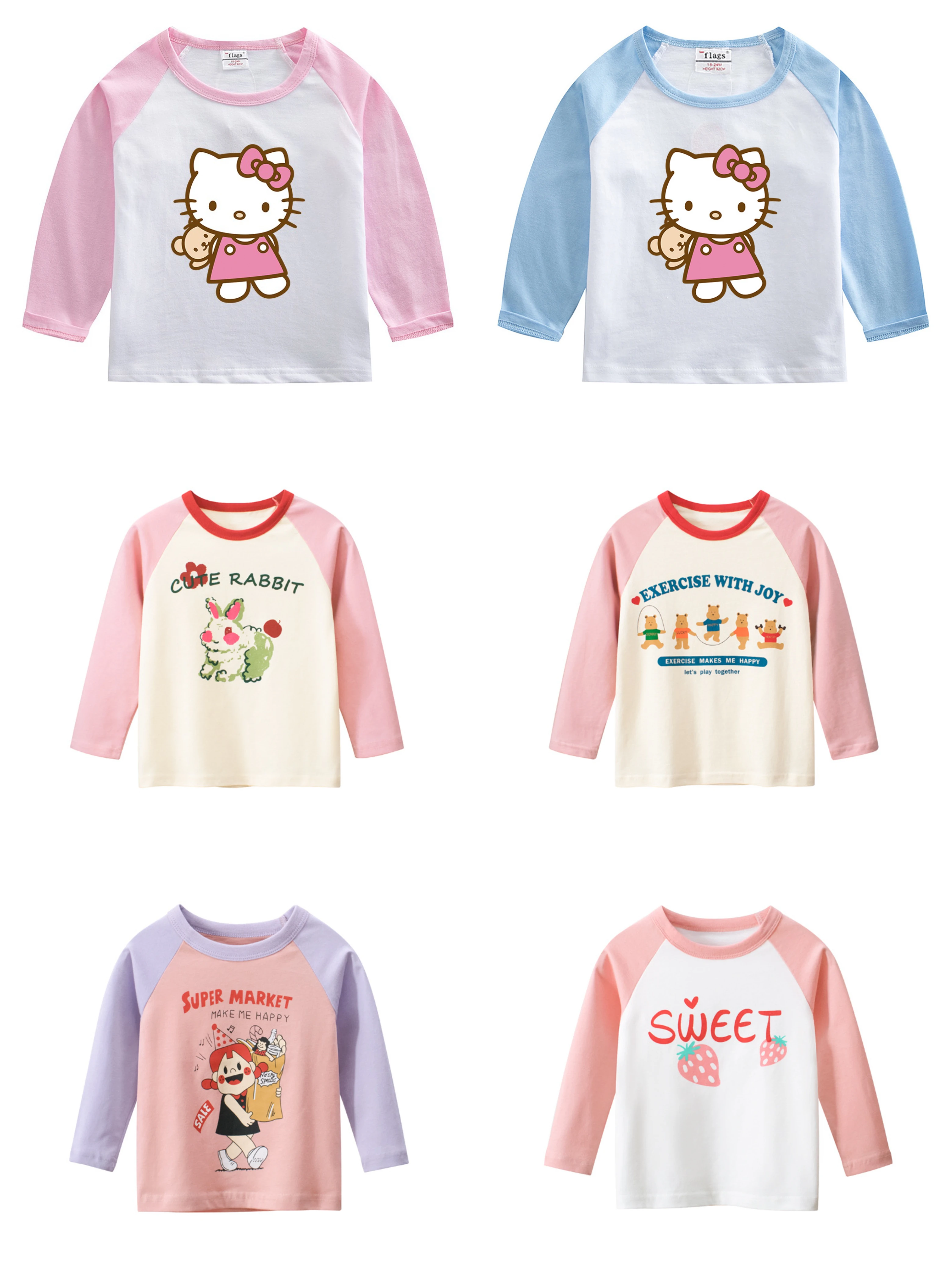 Детская футболка Hellokitty Shirt 2шт для Маленькой Девочки, Топ для Малышей, Хлопковая Детская Футболка С длинными Рукавами, Клубничный Медведь, Одежда с Кроликом, от 2 до 7 лет