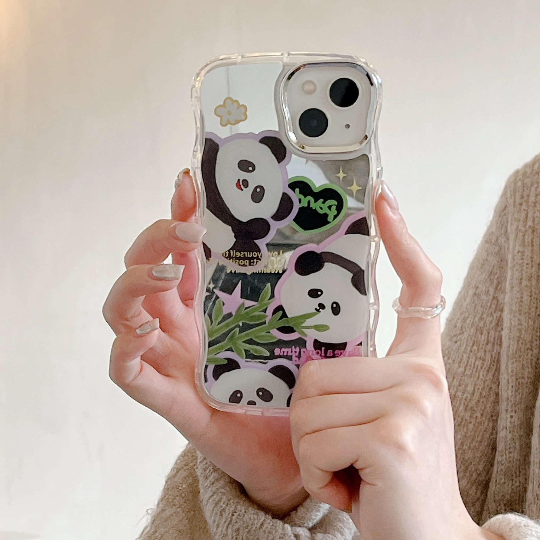 Детский зеркальный чехол Bamboo Panda для iPhone 14 13 12 11 Pro с максимальной защитой от царапин, модная мультяшная обложка Korea INS