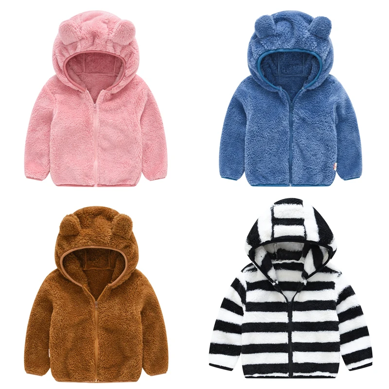 Детское плюшевое пальто для девочек и мальчиков, однотонная куртка с капюшоном с милыми ушками, осень-зима, теплая хлопковая рождественская детская одежда, верхняя одежда