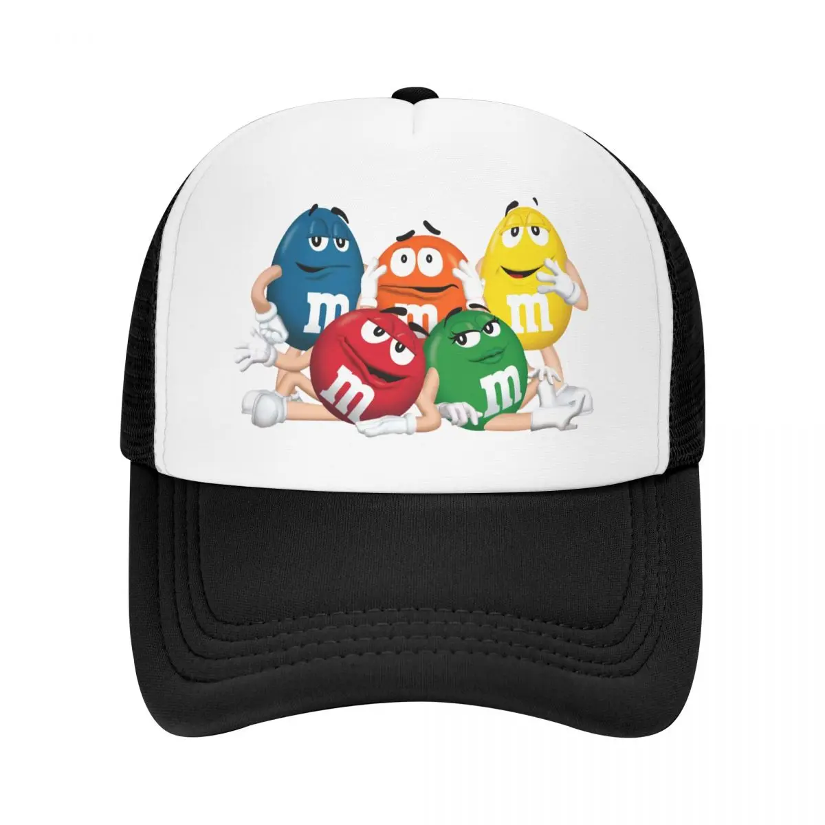 Изготовленная на заказ забавная бейсболка M & M's с шоколадными конфетами, Женская Мужская Дышащая шляпа дальнобойщика, уличные бейсболки Snapback, Летние шляпы