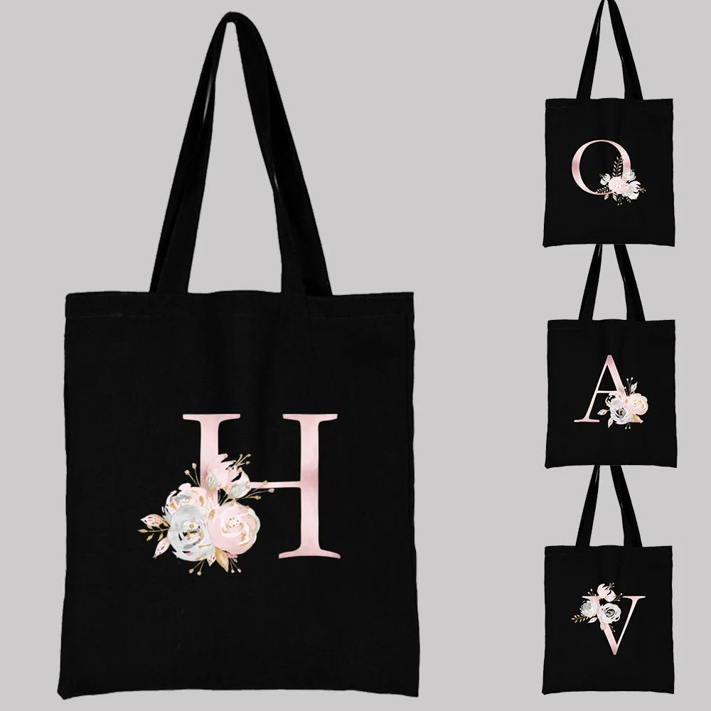 Коллекционная холщовая сумка через плечо с розовыми цветами и инициалами и рисунком для пригородных поездок Женская черная хозяйственная сумка многоразового использования Tote
