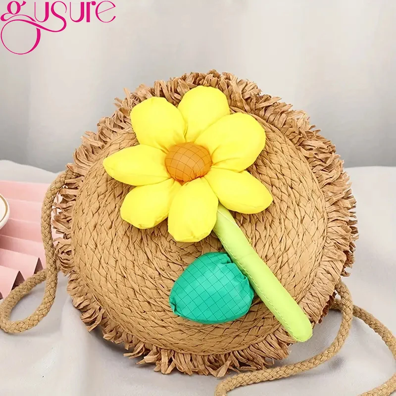 Летняя пляжная сумка Gusure, плетеная из соломы, сумка через плечо, Женская Маленькая круглая сумочка ручной работы, Праздничная сумка из ротанга с кисточками