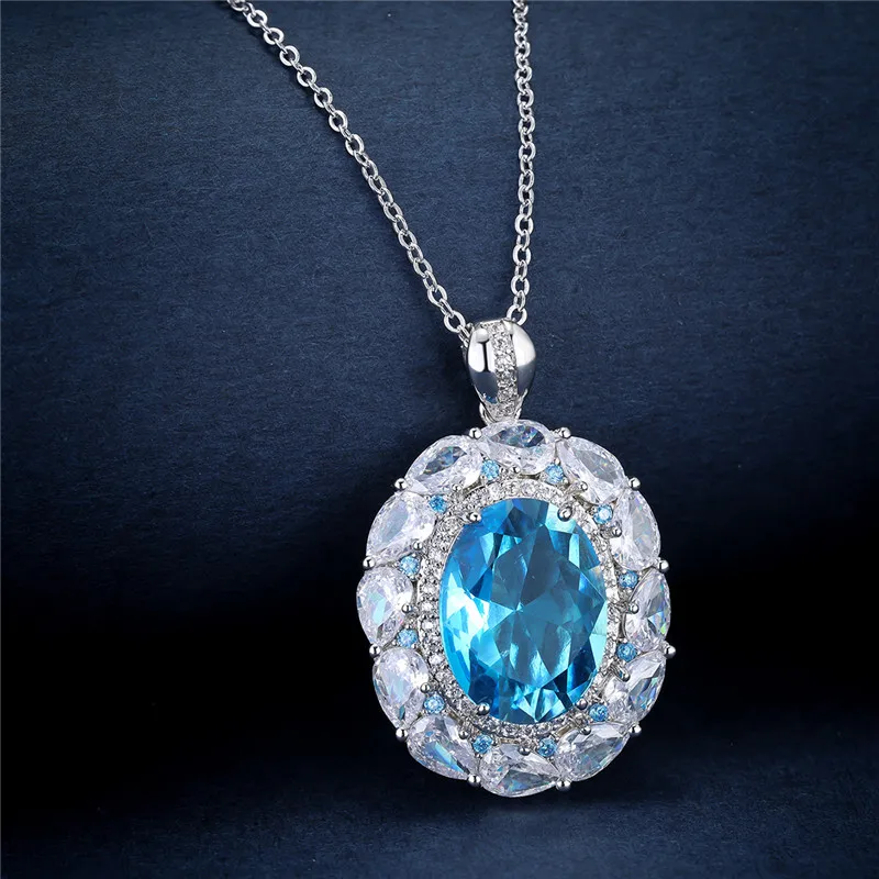 Модное женское хрустальное овальное ожерелье с подвеской, Очаровательные цепочки серебряного цвета Для женщин, Милое светло-голубое свадебное ожерелье из циркона