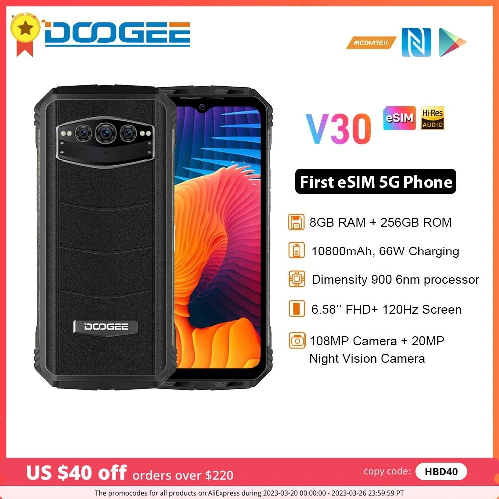 Оригинальный смартфон DOOGEE V30 8GB 256GB 5G First eSIM MTK Dimensity 900 6nm 10800 mAh 108-мегапиксельная Камера Мобильный Телефон Wifi 6 Мобильный телефон