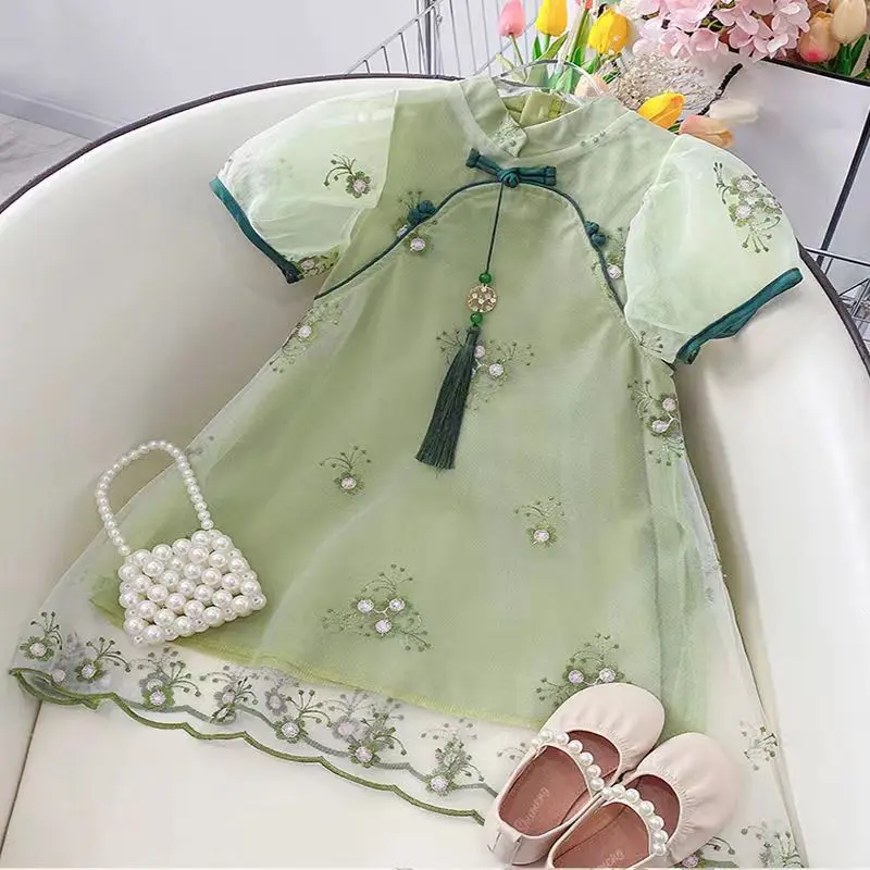 Платье Чонсам для девочек, Новое летнее платье в стиле ретро HanFuDress В этническом стиле, детские платья принцессы с изысканной вышивкой Hanfu