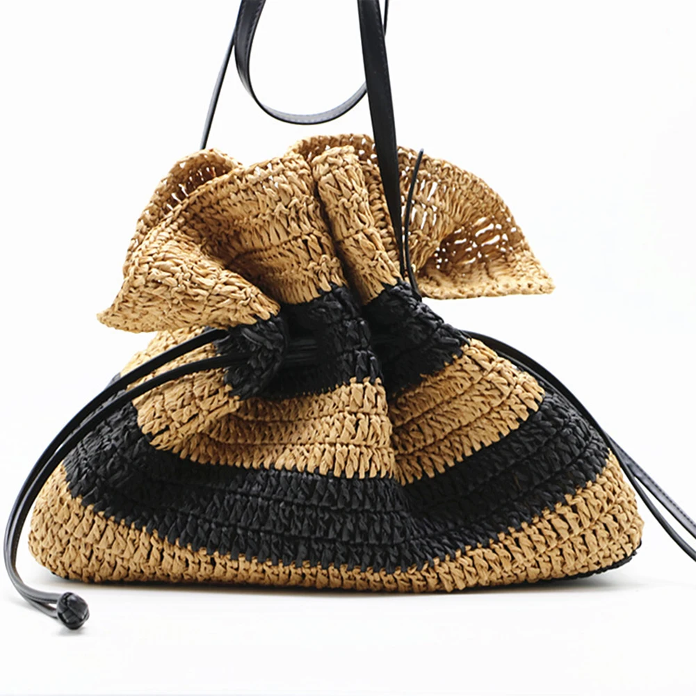 Уникальный дизайн, большие соломенные сумки-ведра, Женская сумка в форме рыбацкой шляпы, плиссированные тканые летние пляжные сумки-хобо на шнурке через плечо